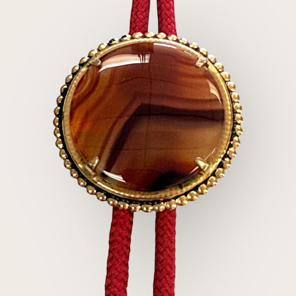 Western Bolo Tie Brown Stone Red Cord Gold-Tone Tips Southwestern - Picture 2 of 5